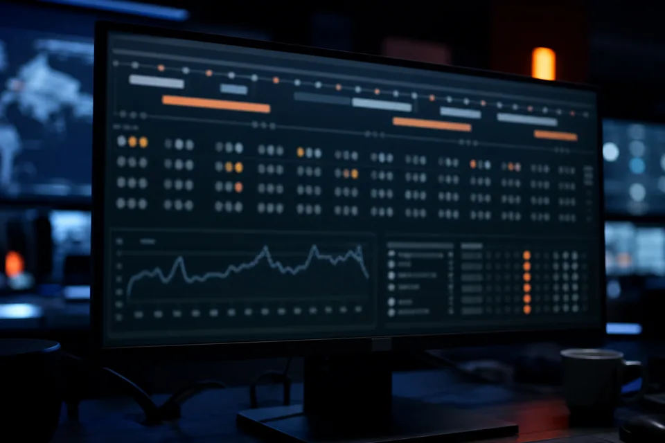 Monitor with a dark compliance dashboard showing a timeline of vendor alerts